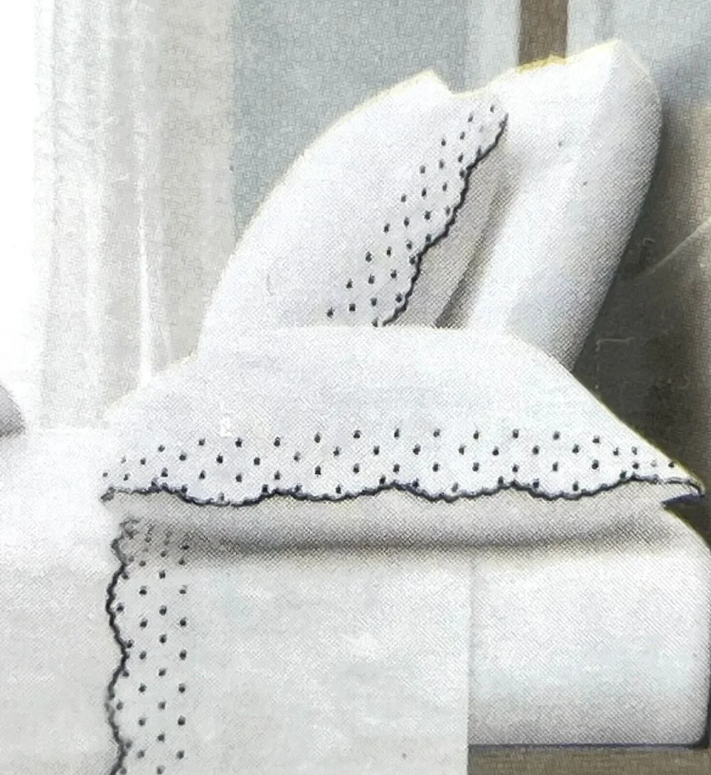 Shabby Chic Embroidered King Sheet Set Scallop Dot Navy Blue White 100% Cotton
